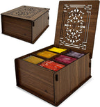 RoyalHouse Premium Wood Tea Storage Box Organizer, Tea Bag Holder Containers (Brown), Eco-Friendly Multi-Functional Decorative Box, 6 Compartments For Assorted Variety Of Small Items