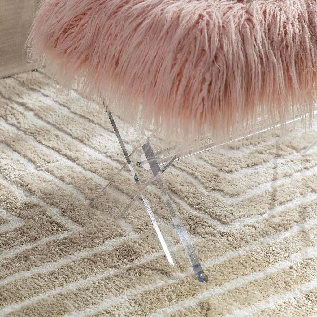 Glitzhome Ottoman Bench, Pink Faux Fur Ottoman Foot Rest, Modern Vanity Stool Chair with Acrylic Legs for Living Room Bedroom Entryway Makeup Bench End of Bed, 25.5" L