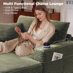 HUSFU 60'' Oversized Chaise Lounge Chair Indoor, Comfy Plush Faux Fur Lounge Sofa Bed w/USB Charging Port,Cup Holders & Throw Pillows,Cozy Sleeper Couch for Living Room Apartments,Green