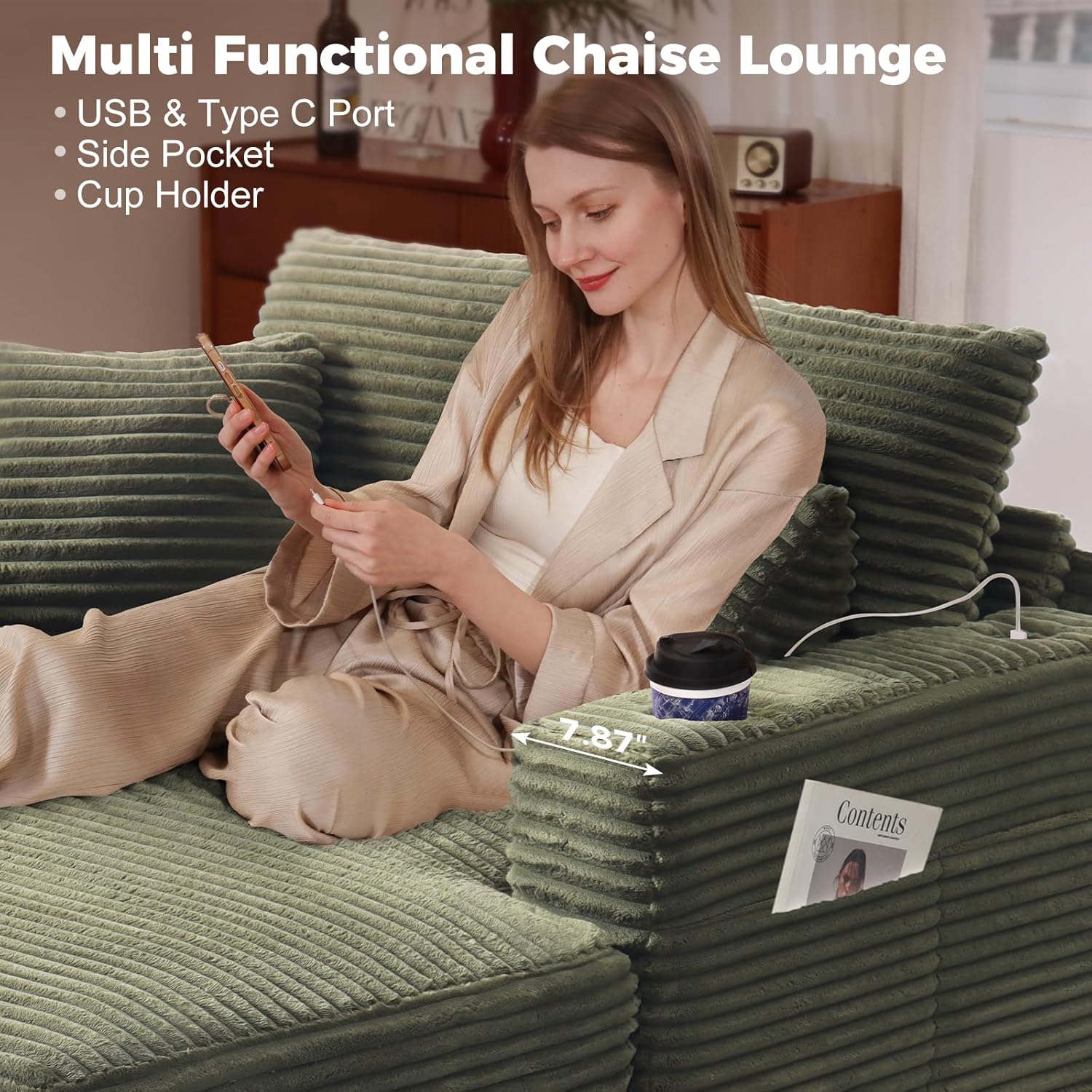 HUSFU 60'' Oversized Chaise Lounge Chair Indoor, Comfy Plush Faux Fur Lounge Sofa Bed w/USB Charging Port,Cup Holders & Throw Pillows,Cozy Sleeper Couch for Living Room Apartments,Green