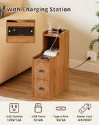 Narrow End Table Set of 2 with Charging Station, Walnut Skinny Bedside Tables with Storage Drawers, Small Side Tables for Small Spaces, Bedroom