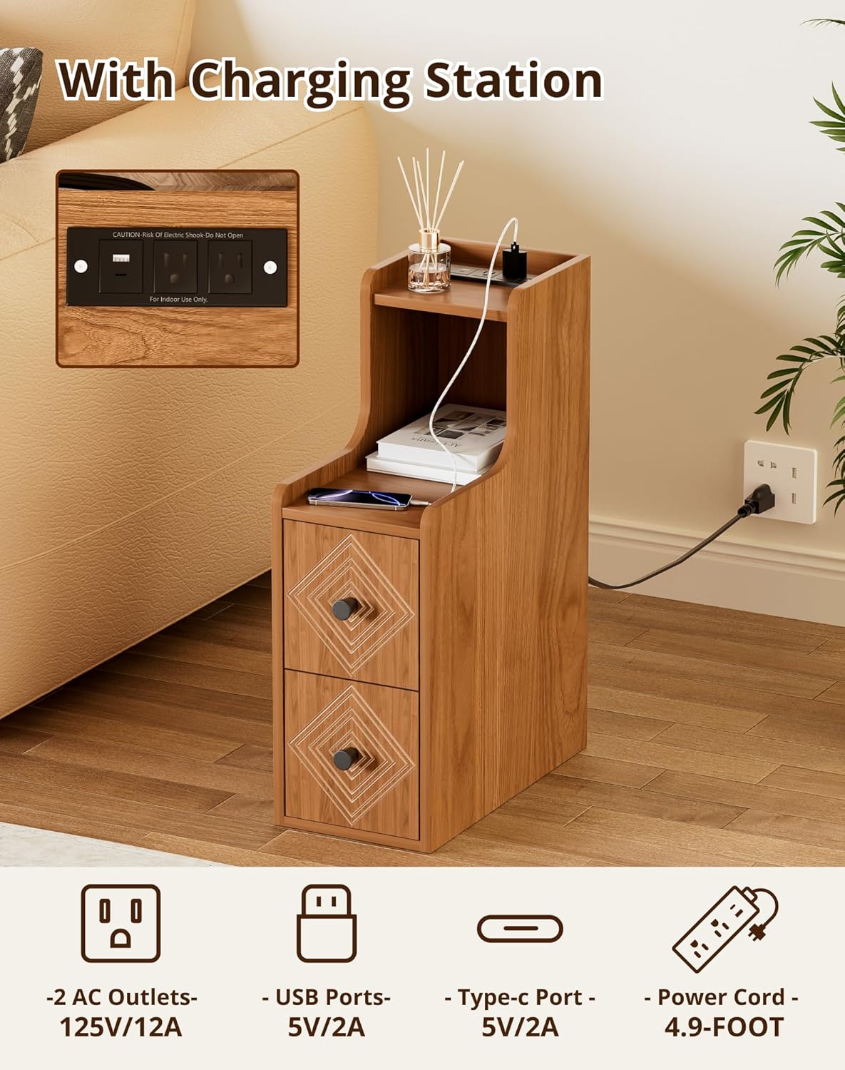 Narrow End Table Set of 2 with Charging Station, Walnut Skinny Bedside Tables with Storage Drawers, Small Side Tables for Small Spaces, Bedroom