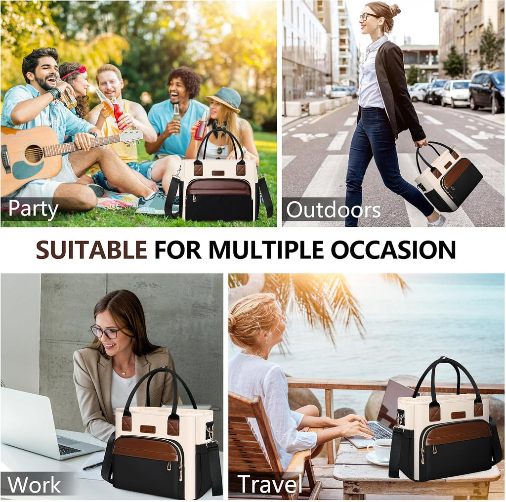 MIYCOO Lunch Bag Lunch Box Women - Leakproof Insulated Lunch Cooler Bag for Women - Large Lunch Tote Bags Adults, Black with Off White with Brown
