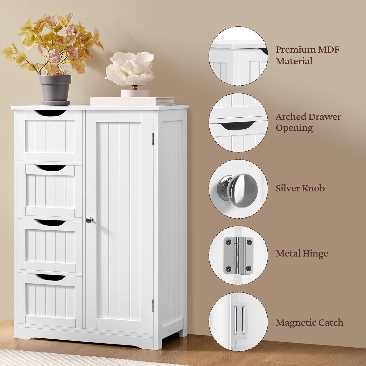 Yaheetech Wooden Floor Cabinet, Side Storage Organizer with 4 Drawers and 1 Cupboard, Freestanding Entryway Storage Unit Console Table, Bathroom Furniture Home Decor, White