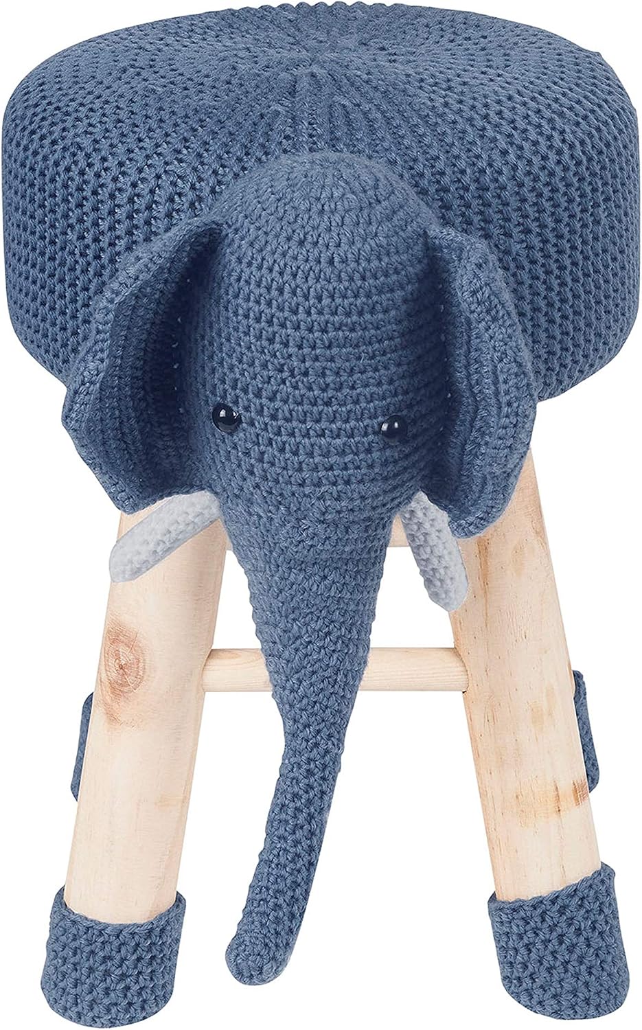 Animal Ottoman Stool, Cute Deer Design with Knit Polyester Upholstery and Solid Pine Wood Legs, 17.5in Kids Bedroom Seat (Elephant)