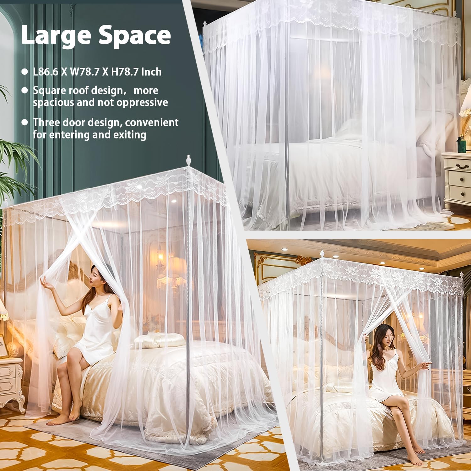 Large Space Mosquito Net, Three Side Opening Canopy Bed Curtains, Princess Bed Drapes Netting for Private Quiet Space Bedroom Decoration, L78xW59xH78 Inches for Queen Size Bed