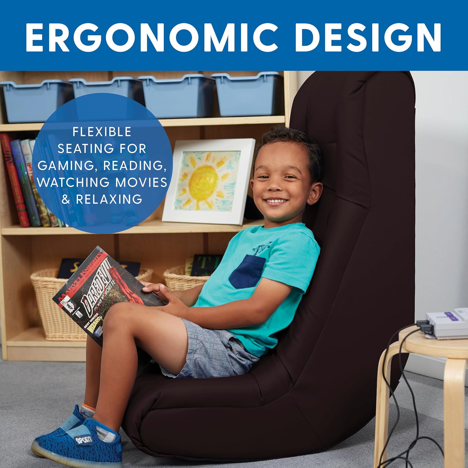 FDP Tufted Floor Rocker for Kids, Teens and Adults; Comfortable, Ergonomic Chair for Reading, Playing Video Games, or Watching TV - Fern Gray, 10488-FG