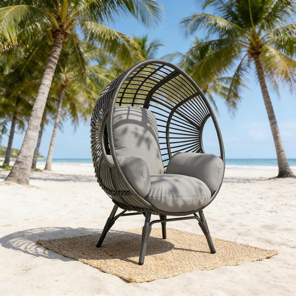 Outdoor Egg Chair Wicker, 400lbs Capacity, 8-Inch Cushion, Weather-Resistant PE Rattan Balcony Chairs(Black+Gray)