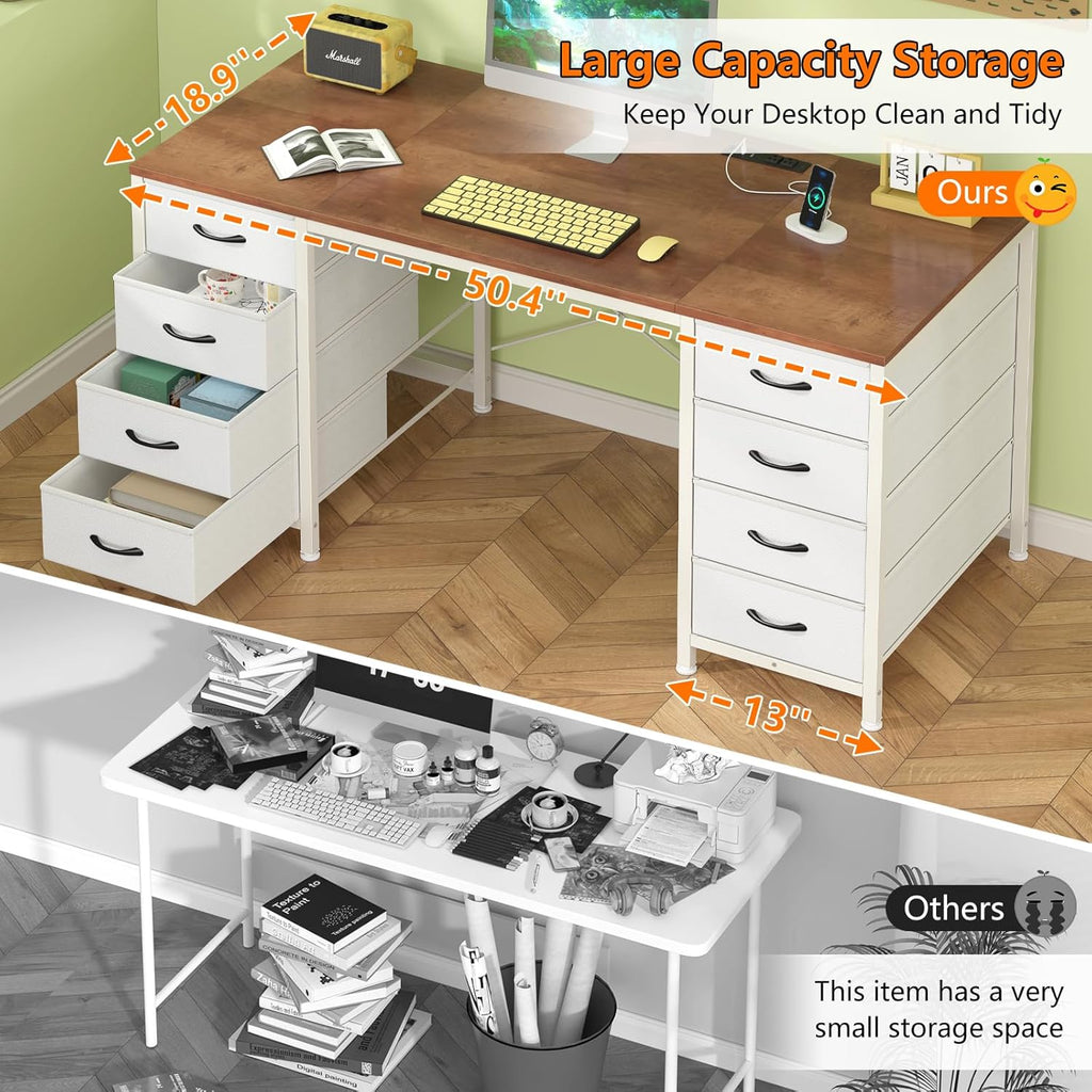 YOMILUVE 50 Inch Computer Desk with 8 Drawers, Home Office Desk with Power Outlets, Work Study Gaming Desk with 8 Fabric Drawers, Brown and White