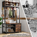 Raybee Hall Tree with Bench and Shoe Storage, Coat Rack Freestanding with 3 Fabric Drawers, Entryway Bench with Shoe Storage, Hall Tree with 12 Hooks for Hallway, Rustic Brown