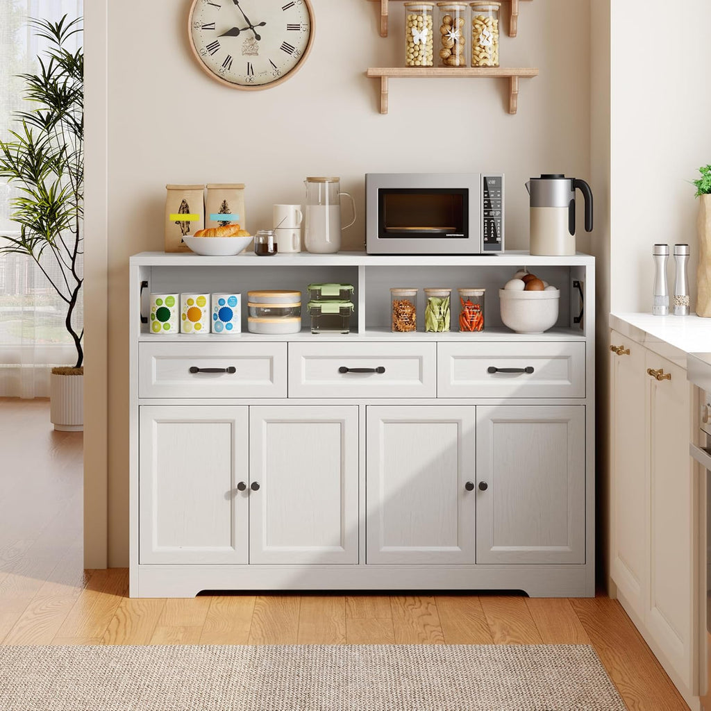 Ahomly 51" Buffet Cabinet with Adjustable Storage, Charging Port - 3 Drawers & 4 Doors Large Sideboard, Multi - Scene Coffee Bar/Microwave Stand for Kitchen,Living Room,Entryway（White）