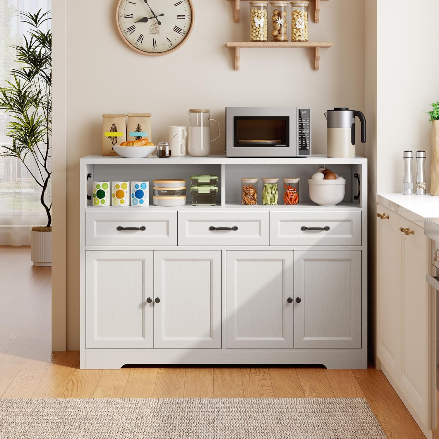 Ahomly 51" Buffet Cabinet with Adjustable Storage, Charging Port - 3 Drawers & 4 Doors Large Sideboard, Multi - Scene Coffee Bar/Microwave Stand for Kitchen,Living Room,Entryway（White）