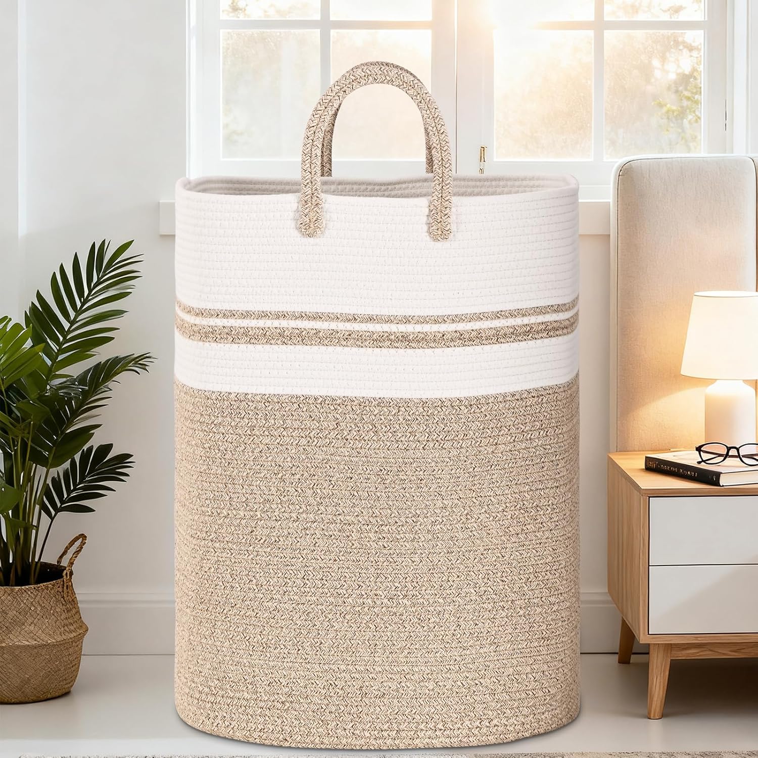 Woven Laundry Basket for Clothes, 80 L Large Rectangle Laundry Hampers with Beads Tassel, Nursery Storage Basket for Toys, Tall Dirty Clothes Hamper for Bedroom Aesthetic, Laundry Room Organization