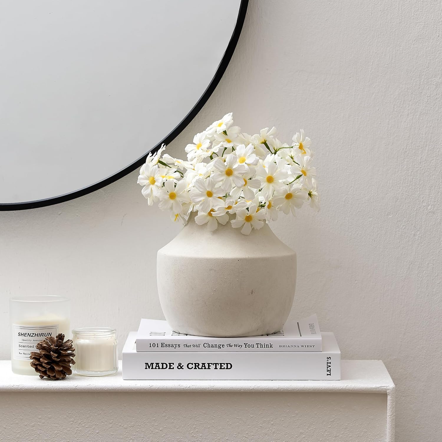 SIDUCAL Ceramic Decorative Flower Vase, 5.39 inch Pottery Farmhouse Rustic Vase, Small Terracotta Vases for Home Decor, Table, Living Room, Bathroom, Shelf, Mantel Decoration, Kiln-Fired White