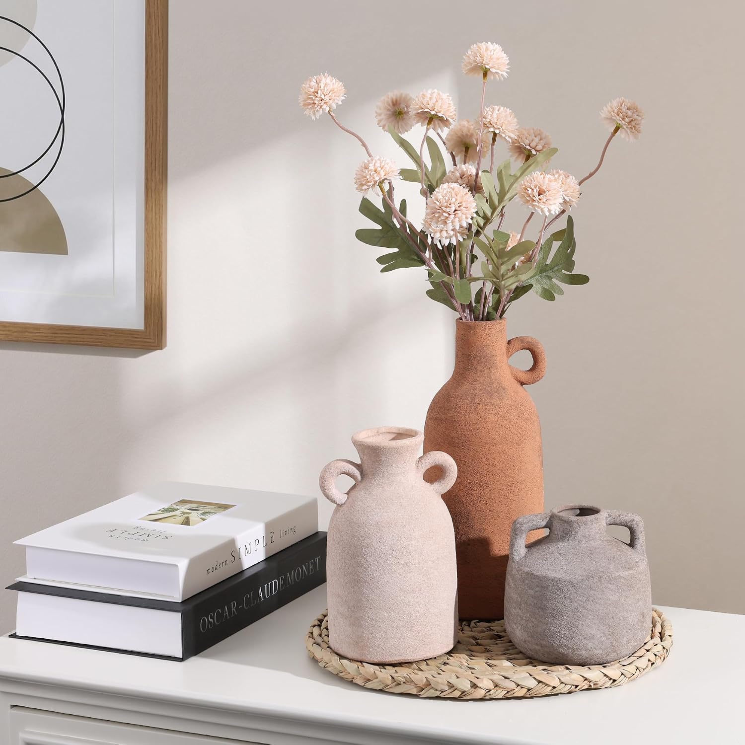 Ceramic Vase Set, 3Pcs Flower Vases for Modern Boho Farmhouse Decor, Decorative Vases for Pampas Grass & Dried Flowers, Distressed Finish