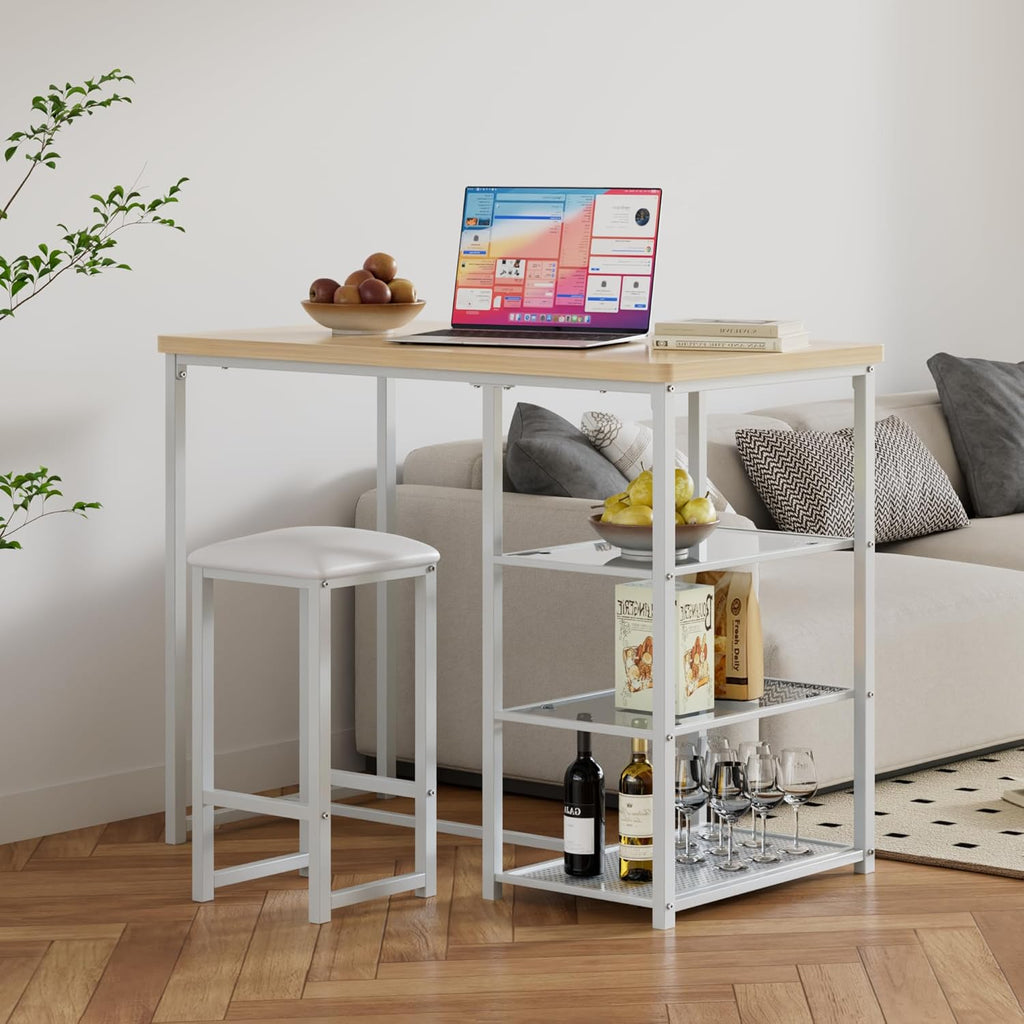 VECELO Small Bar Table and Chairs Set for 2, Upholstered Stools & Glass Storage Shelves, for Kitchen Dining Breakfast Nook, Space-Saving, Natural & White