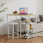 VECELO Small Bar Table and Chairs Set for 2, Upholstered Stools & Glass Storage Shelves, for Kitchen Dining Breakfast Nook, Space-Saving, Natural & White