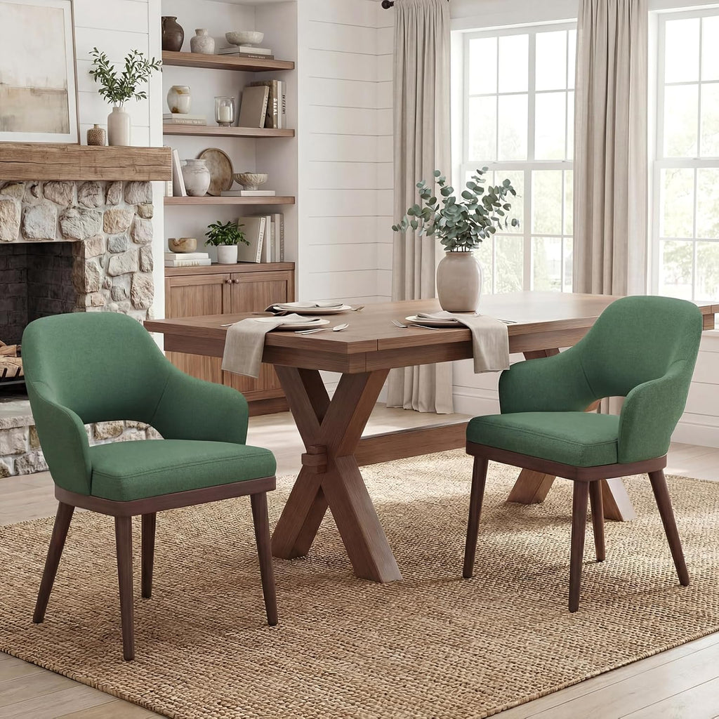 MALOL Wooden Dining Chairs Set of 2, Modern Fabric Upholstered Dining Room Chair, Kitchen Side Chairs, Farmhouse Dinner Chair with Open Back for Kitchen, Green