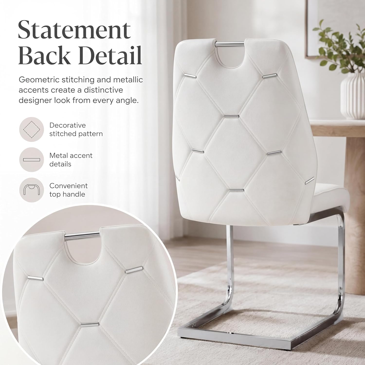 Dining Room Chairs Set of 6, Sillas para Comedor, Modern Dining Chairs Set of 6 with Leather,Geometric Tufted Back,Chrome Leg,Ergonomic Design,Easy to Clean,for Kitchen,Living Room(White,6)
