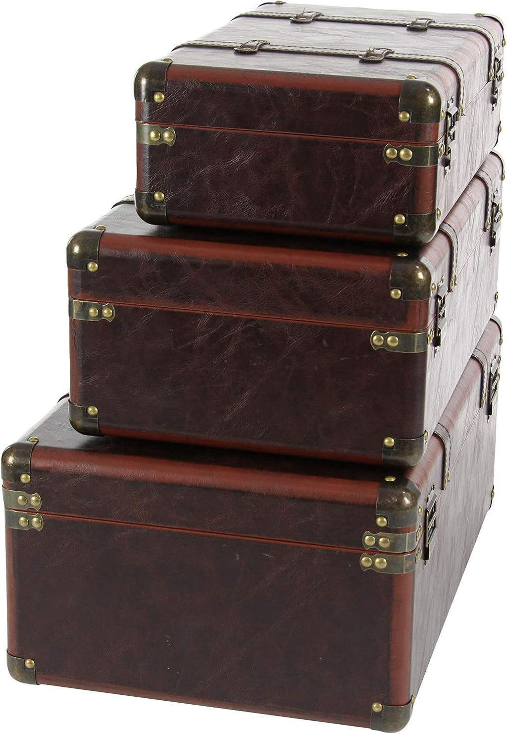Deco 79 Faux Leather Decorative Trunk Nesting Upholstered Decorative Large Boxes with Vintage Accents and Studs, Set of 3 Storage Trunks 18", 21", 23"W, Brown