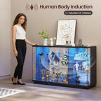 Gurexl 47.2" W Glass Display Cabinet with 3-Color LED Lights, 5-Tier Lockable Curio Cabinet with Human Body Sensor & Charging Station, Display Case for Collectibles, Living Room, Kitchen, Black