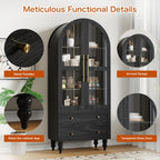 Shintenchi Tall Arched Kitchen Pantry, Modern Farmhouse Wood Kitchens Storage Cabinet with Glass Doors & Adjustable Shelves and 2 Large Drawers,Versatile Cupboard for Kitchen, Dining Room, Black