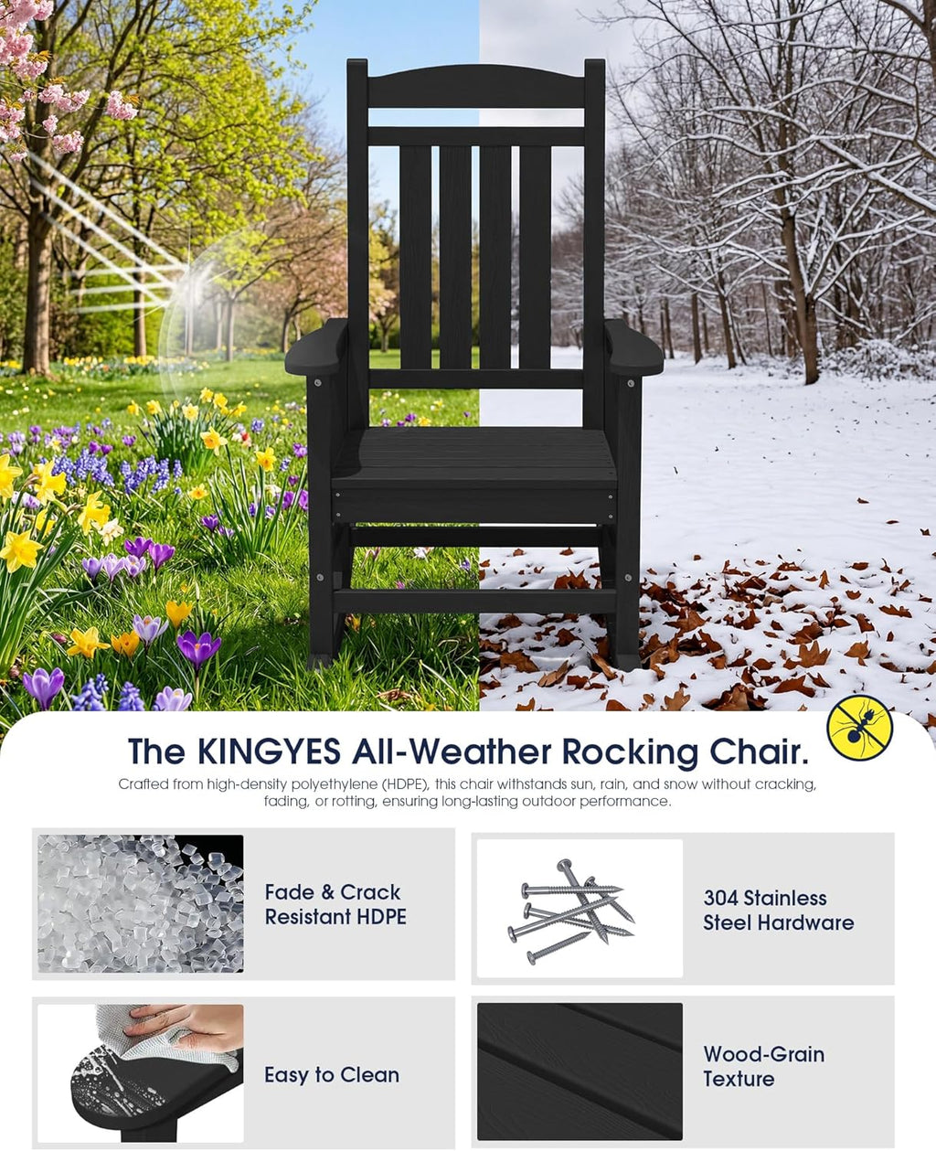 KINGYES Oversized Outdoor Rocking Chair Set of 2, High Density Polyethylene Patio Rocking Chairs with 350lbs Support for Adults,Porch Recliner Rocker, Black