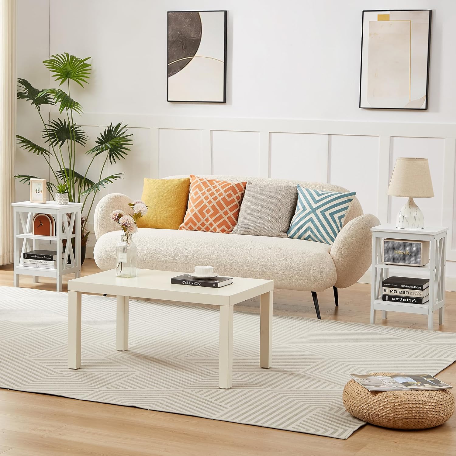 VECELO End Table Set of 2, Bedside Table, 24" Tall Living Room End Tables, X-Design Reinforced Nightstands, Side Table with 3-Tier Storage Shelves for Small Spaces, Office, Bathroom, Bedroom, White