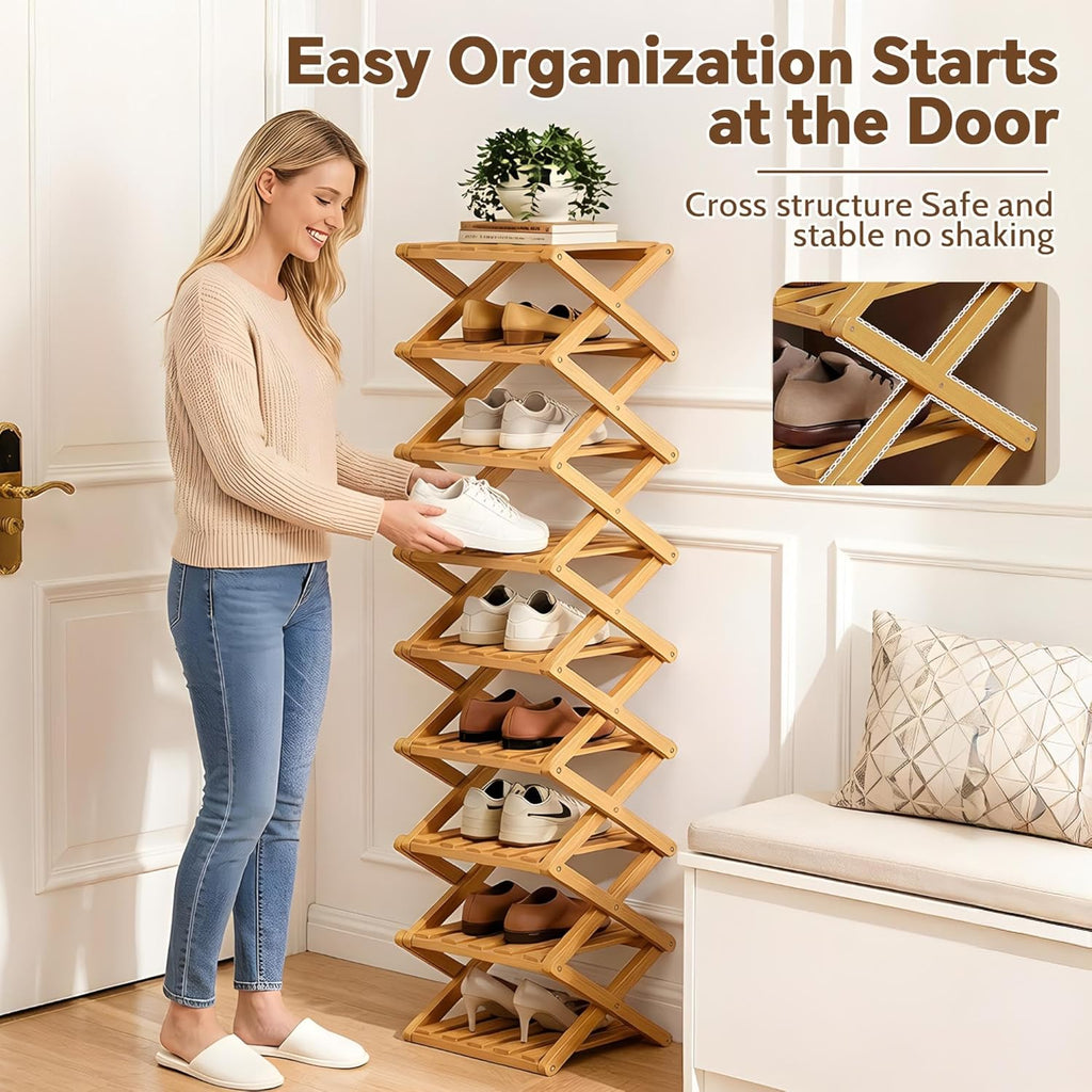 9 Tier Bamboo Shoe Rack, Foldable Narrow Shoe Organizer, Space Saving Vertical Shoe Storage Shelf Tower, No Assembly Eco-Friendly Wooden Shoe Rack for Closet & Entryway, Small Spaces (Bamboo, 9)
