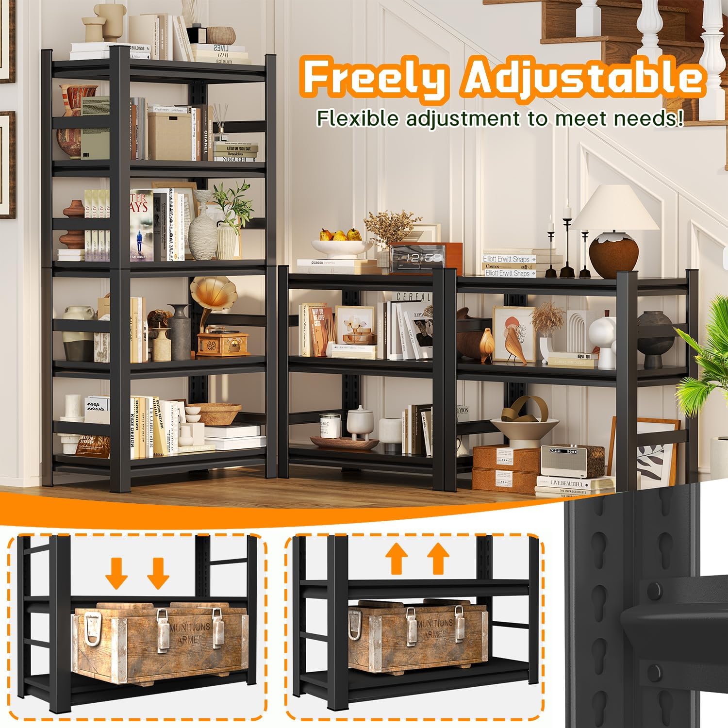 Wide & Deep Bookshelf, 4-Tier Heavy Duty Shelves for Storage, Large Industrial Metal Bookcase for Books and Collectibles, 20" Deep