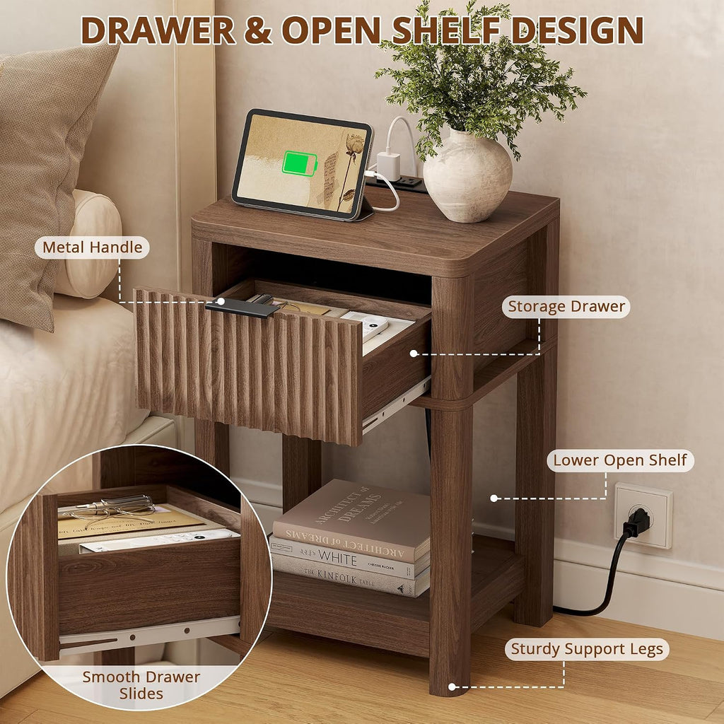 MECHYIN Nightstand Set of 2 with Charging Station, Fluted Bedside Table with Drawer & Open Shelf, Mid-Century Modern Wood Furniture End Table for Apartment, Dorm, Bedroom, (Walnut, with Outlet)