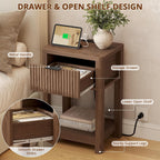 MECHYIN Nightstand Set of 2 with Charging Station, Fluted Bedside Table with Drawer & Open Shelf, Mid-Century Modern Wood Furniture End Table for Apartment, Dorm, Bedroom, (Walnut, with Outlet)