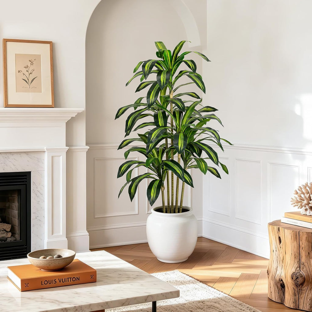 5FT Artificial Dracaena Tree - Tall Faux Dracaena with White Planter, Artificial Plants Indoor, Fake Plant Build Boho-Chic Basket, Fake Tree for Outdoor Home Office Decor