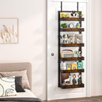 BUKFEN 6-Tier Over the Door Pantry Organizer, 2-in-1 Door Hanging or Wall Mounted Spice Rack with Adjustable Wooden Baskets, Heavy Duty Metal Storage Shelf, 12 Hooks for Kitchen, Bathroom, Closet