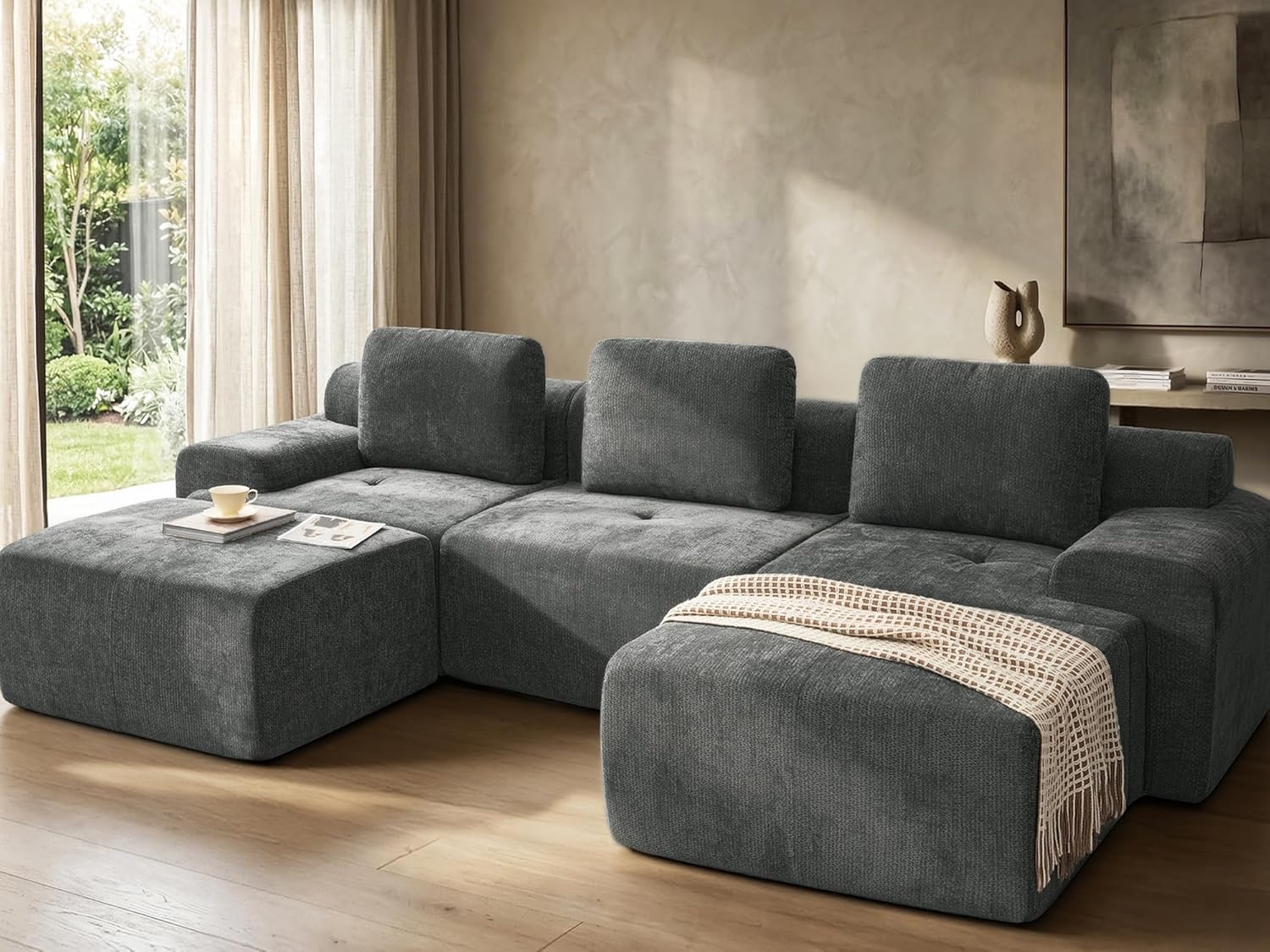122" U Shaped Oversized Boneless Couch, Comfort Cloud Sectional Couches for Living Room, Modular Sofa High Back & Extra Deep Seat, No Assembly, Soft Chenille (Dark Grey, 122 inch-U shaped（3+2）)