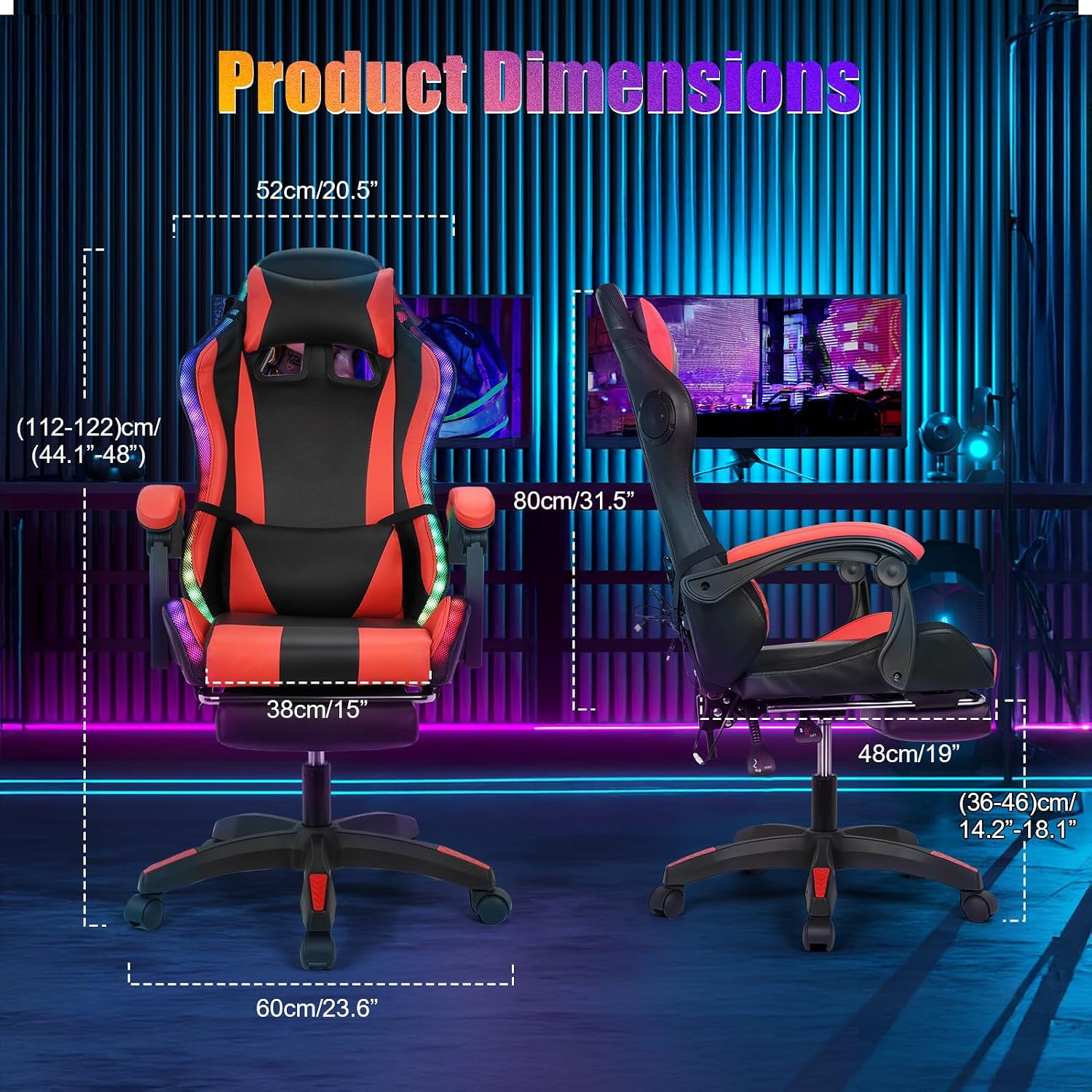 Gaming Chair with Bluetooth Speakers & Lights, Ergonomic High-Back Office Chair with Retractable Footrest, 360° Swivel Adjustable Computer Chair, Faux Leather Racing Style for Home Office & Gaming