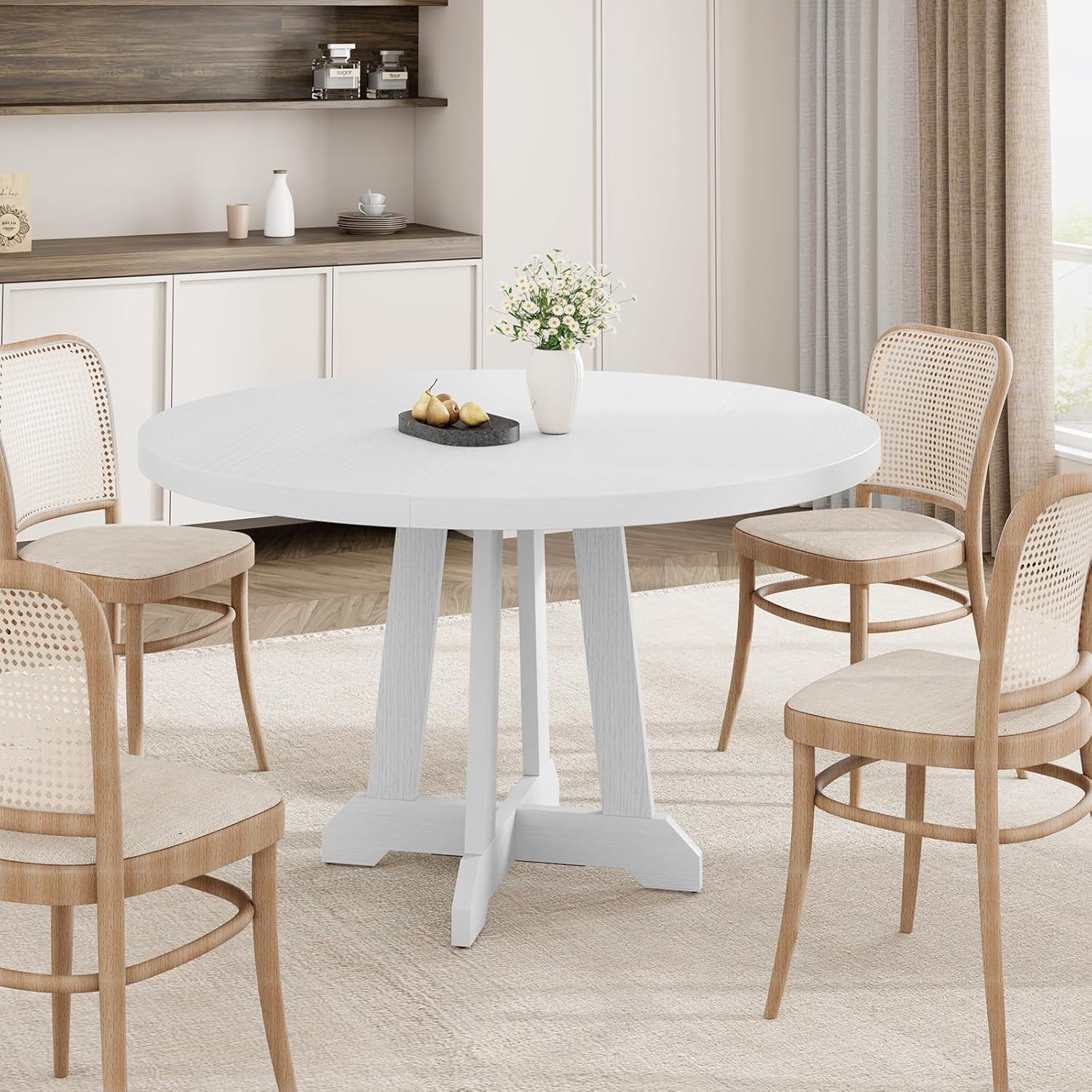 GarveeHome Round Dining Table for 4, 47 Inches Dining Room Table with Wooden Base, Kitchen Table with Circle Tabletop, Dinner Table for Dining Room, Kitchen, Living Room, White