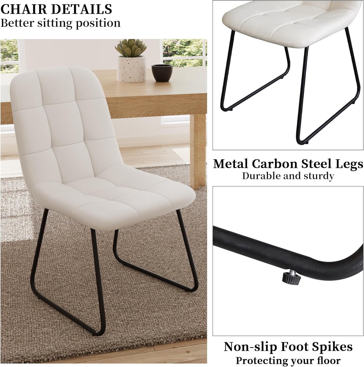 HIPIHOM Faux Leather Dining Chairs Set of 4, Modern Upholstered Kitchen Chairs with Curved Backrest and Metal Legs, PU Leather Dining Room Chairs for Kitchen Living Dining Room Set of 4 White
