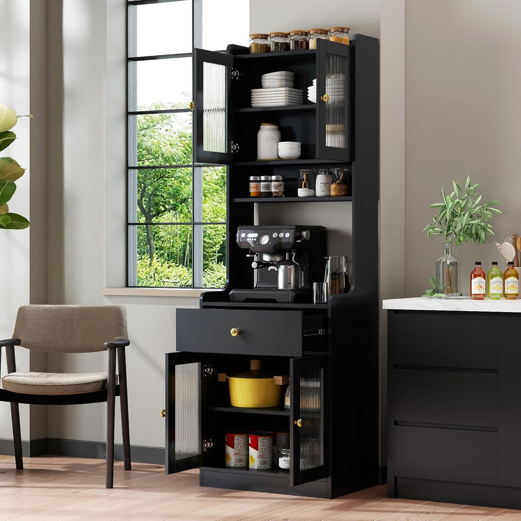 Kitchen Pantry Cabinet with Doors and Drawer, 71" Freestanding Kitchen Hutch Cabinet with Open Shelf and Cable Management Hole, Coffee Bar Cabinet Buffet Sideboard for Kitchen Dining Room (Black)