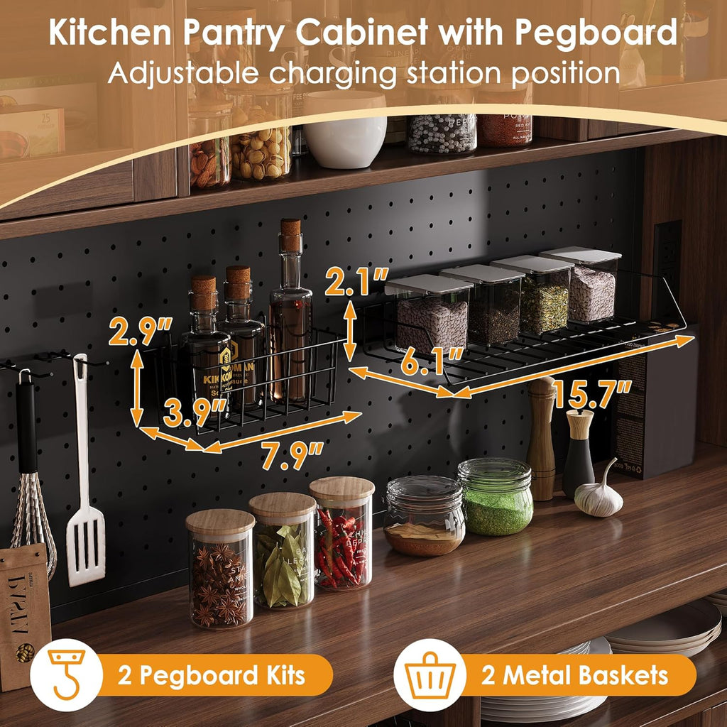 Kitchen Pantry Storage Cabinet with Charging Station, Kitchen Hutch Storage with LED Lights & Pegboard, Freestanding Pantry Cabinet with Adjustable Shelves, Wine Rack for Dining Room (Brown)
