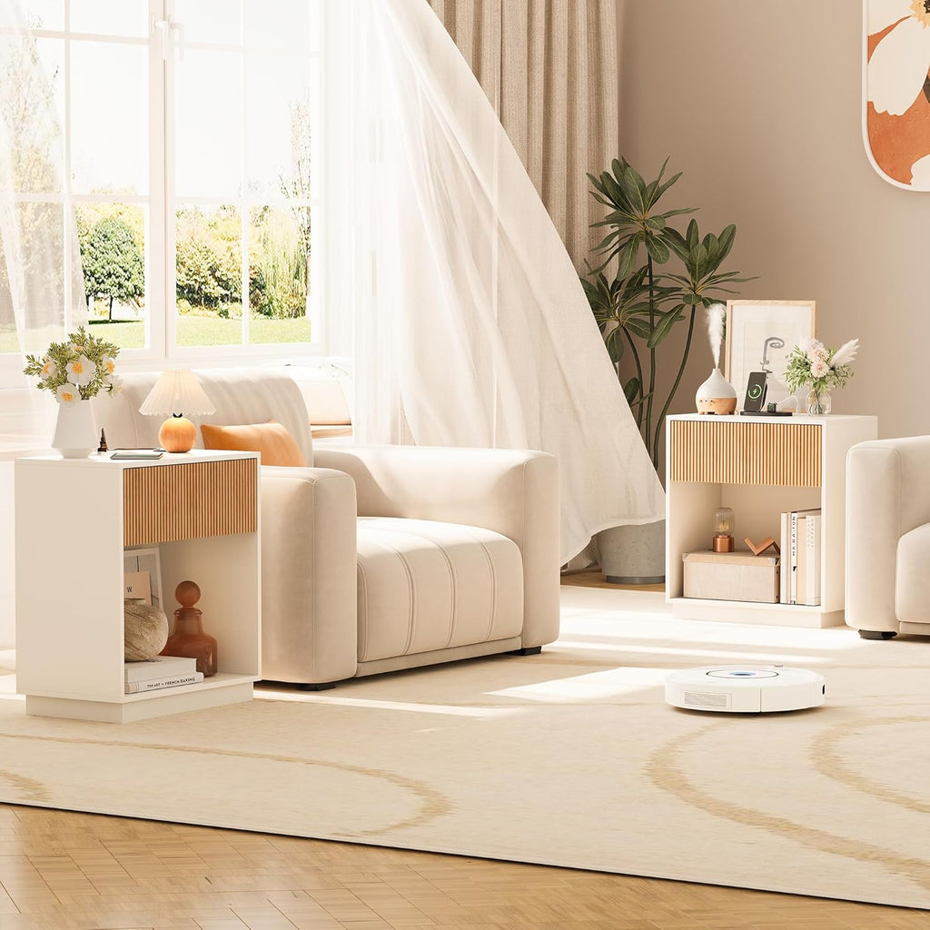 End Table with Charging Station, Fluted Nightstands Set of 2,Modern Bedside Table with Drawer and Storage Shelf, Wood End Table Mid Century Night Stands for Bedroom Living Room(White+Oak)