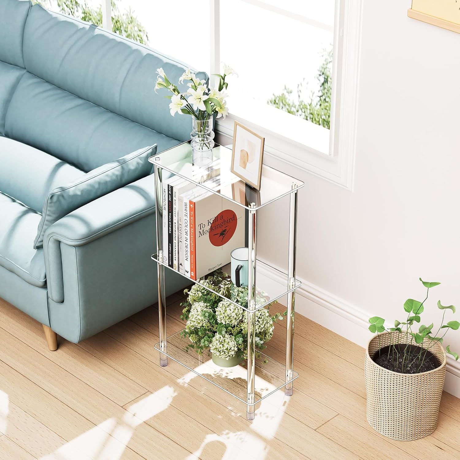 Clear Acrylic Narrow Side Table for Small Spaces, 15.75" L x 7.87" W x 26.7" H, 3 Tier Rectangle Slim End Table Nightstand, Small Mini Skinny Bedside Table for Bedroom, Bathroom, Living Room