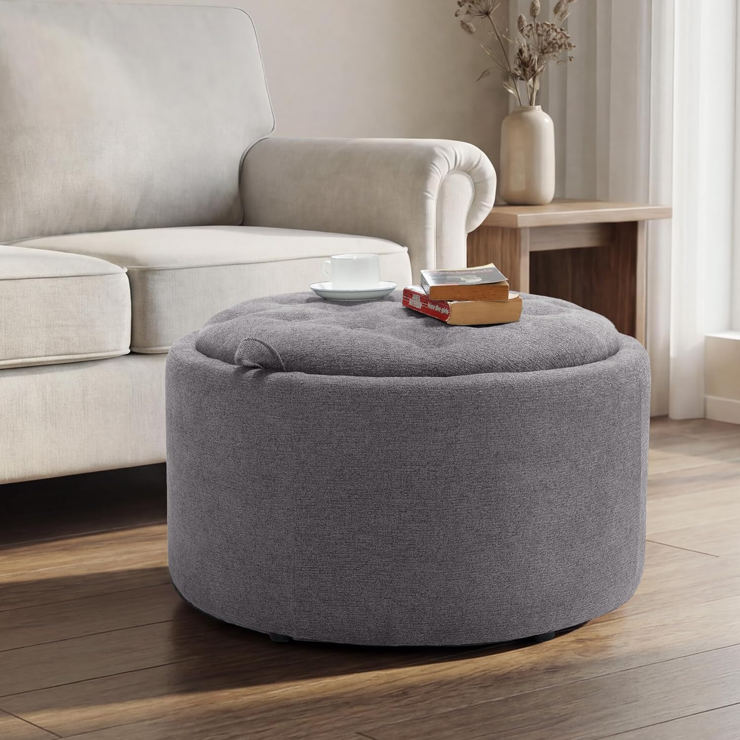 Tbfit Multi-Functional Round Storage Ottoman for Home - No-Assembly Footrest & Seat with Spacious Storage Plush Fabric Design for Living Room, Bedroom, Nursery (Dark Gray)