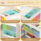 Kids Art Table and Chairs Set with Storage, Wooden Craft Desk with 2 Stools, Child Drawing Table with Open Shelves, Paint Cups, Paper Roll, Bins, Toddler Play Table, 39" L x23 W