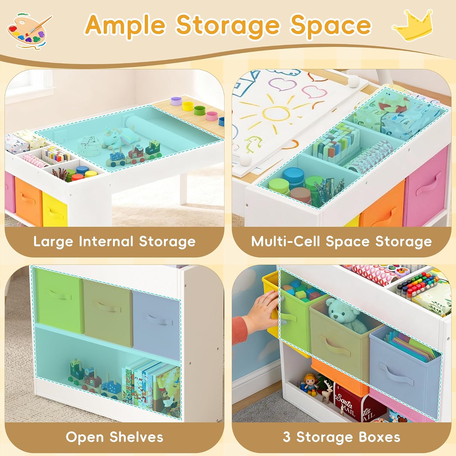 Kids Art Table and Chairs Set with Storage, Wooden Craft Desk with 2 Stools, Child Drawing Table with Open Shelves, Paint Cups, Paper Roll, Bins, Toddler Play Table, 39" L x23 W