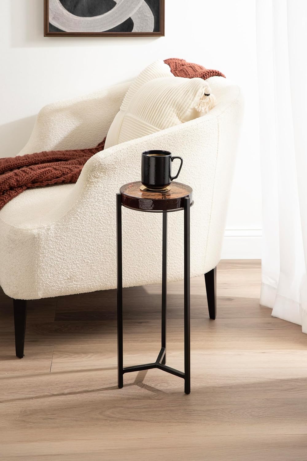 Kate and Laurel Aguilar Modern Drink Table, 9 x 9 x 23, Amber Glass and Black, Unique Round Glass Mini Table for Use as Bathroom Accent Table or Pedestal Martini Table