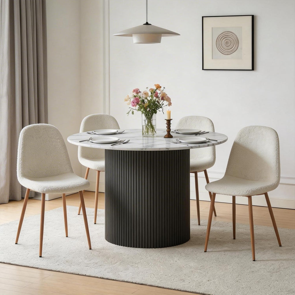 Dining Table Set for 4, Mid Century Modern 47 Inch White Marble-Look Wooden Round Dining Table Set, Space Saving (Table + 4 White Chairs)