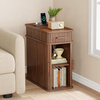ONBRILL Fluted End Table with Charging Station, Narrow Side Table with Drawers, Wood Skinny Nightstand with Storage, Mid-Century Modern Bedside Tables for Small Space Living Room Bedroom Sofa Couch