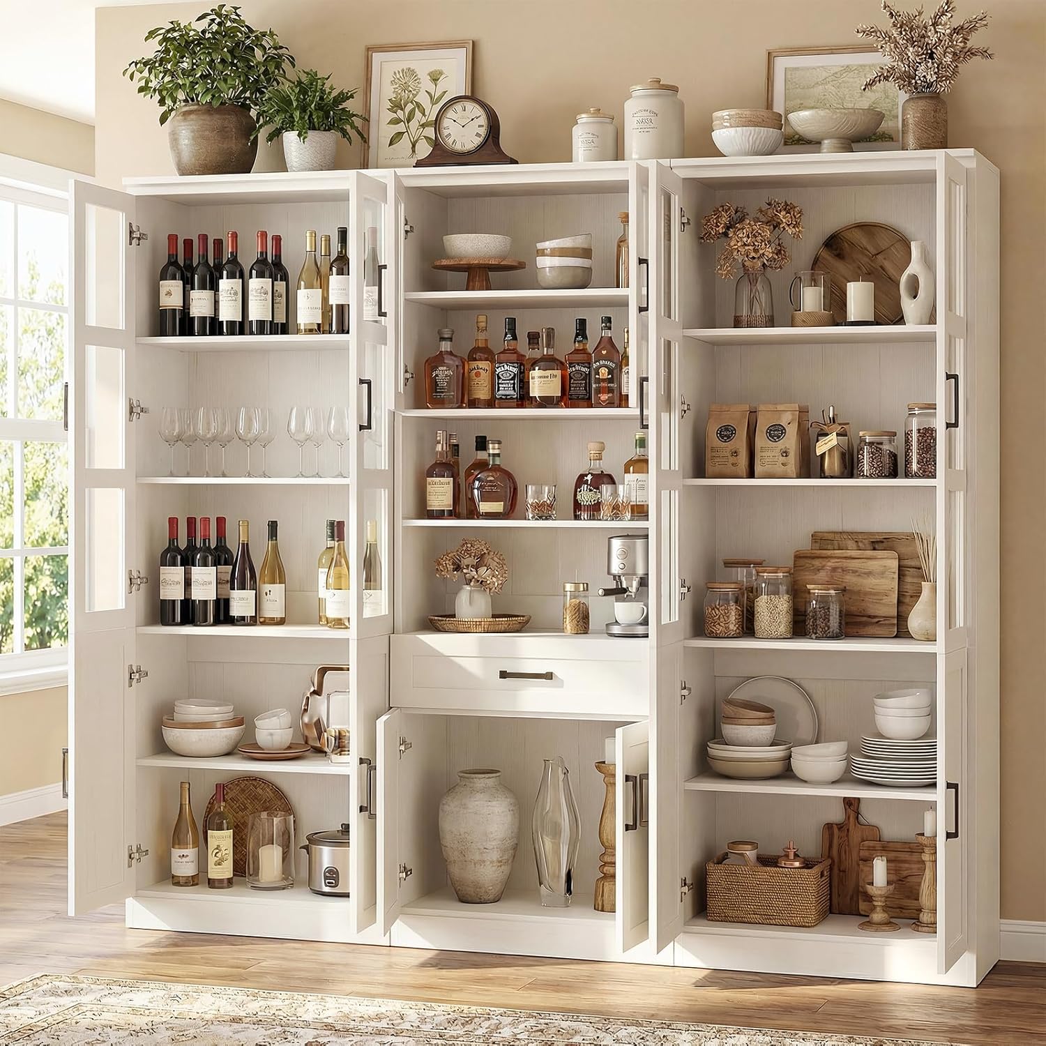 Unikito 79.7" Tall Kitchen Pantry Storage Cabinet, Freestanding Kitchen Hutch Cabinet with Tempered Glass Door, Adjustable Shelves and Drawer, Large Display Bookcase for Living Room Dining Room, White
