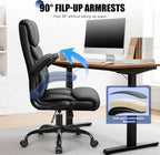 Primy Office Chair, Ergonomic Leather Desk Chair with Flip-up Armrests, Big and Tall High Back Executive Computer & Gaming Chair with Footrest, Comfy Padded, Rocking Function and Lumbar Support(Black)